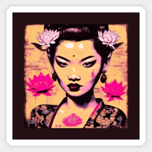 [AI Art] Nonexistent Asian woman with lotus flowers in the spirit of the works of Herman Brood Magnet